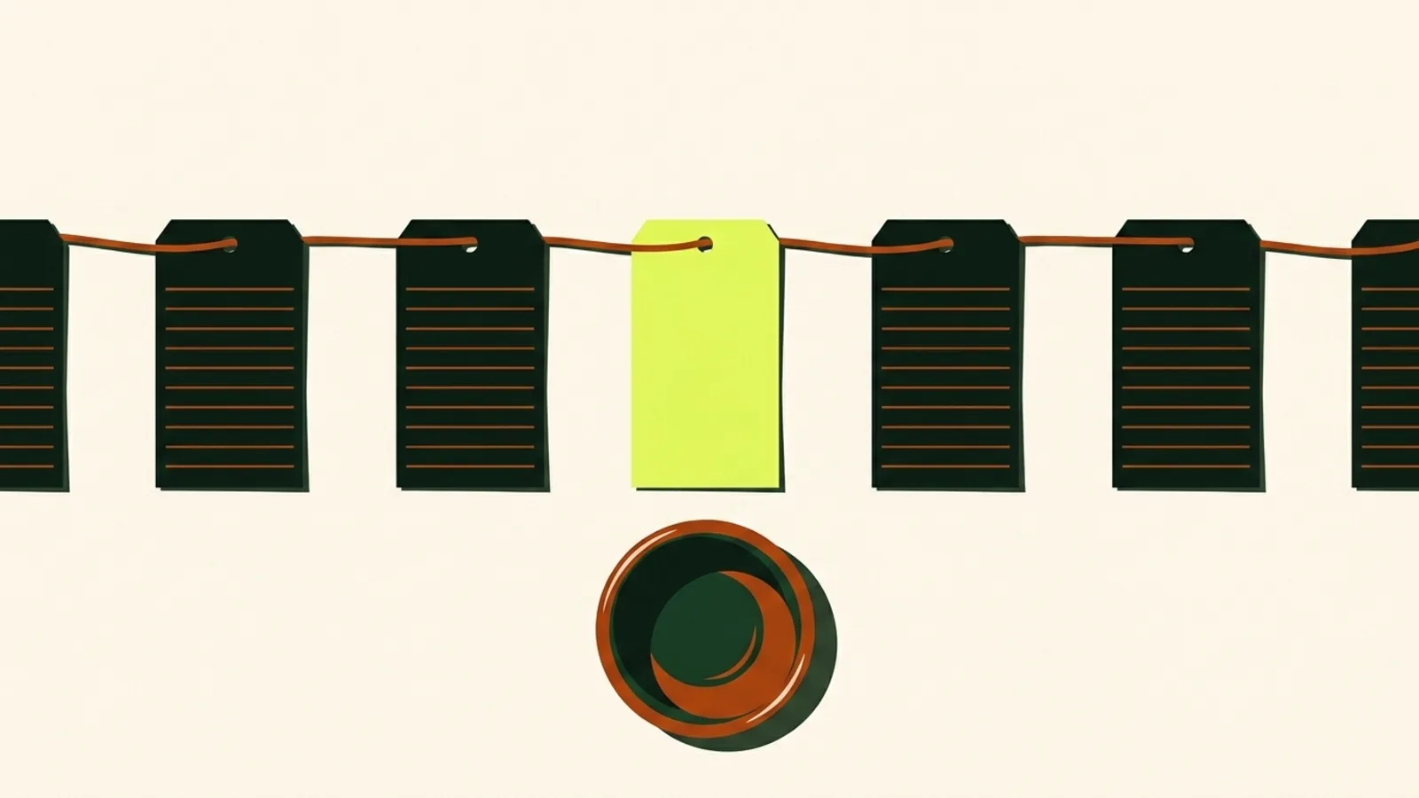 A cut-paper illustration seen from above: a row of blank paper swing tags threaded on a single string running across the frame, lying over a hand-thrown ceramic bowl.